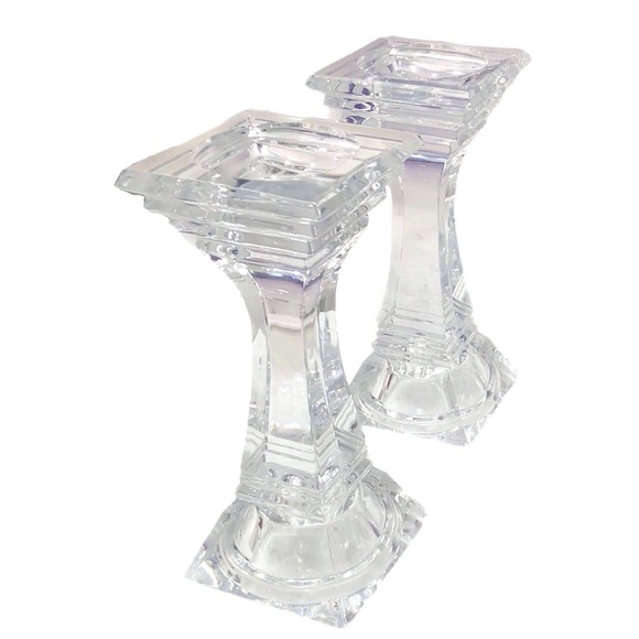 MID CENTURY VINTAGE LEAD CRYSTAL PEDESTAL CANDLESTICKS - SET OF 2
